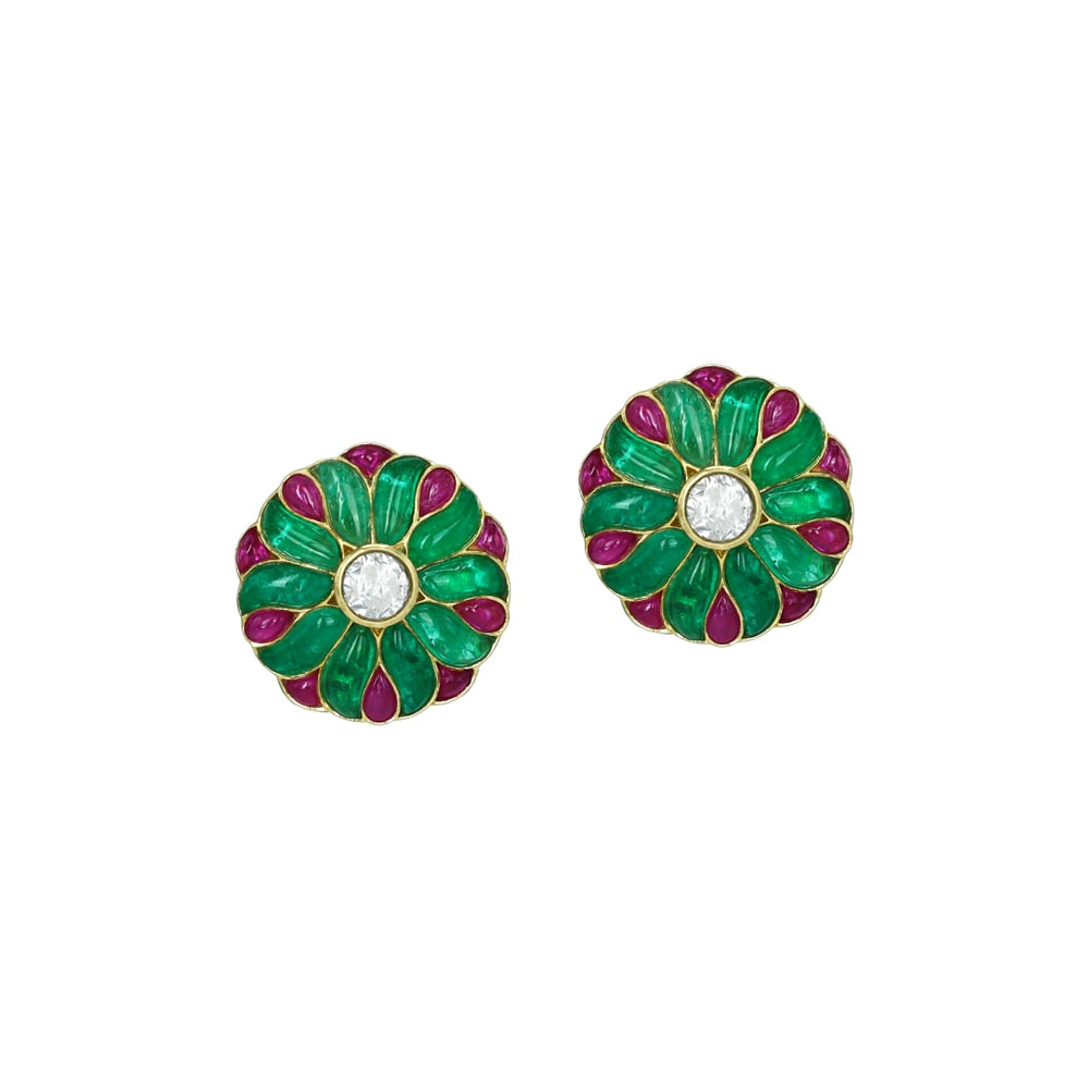 Floral Polki Stud Earrings with Emerald and Ruby Petals